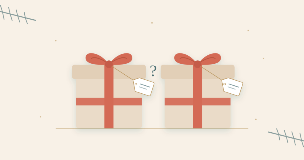 Doppelte Geschenke vermeiden: zwei gleich verpackte Päckchen mit Fragezeichen
